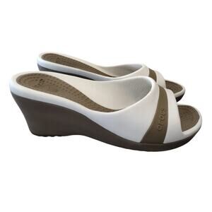 Crocs | Sassari White & Taupe Slip-On Wedge Sandals Women's 8 COMFORT